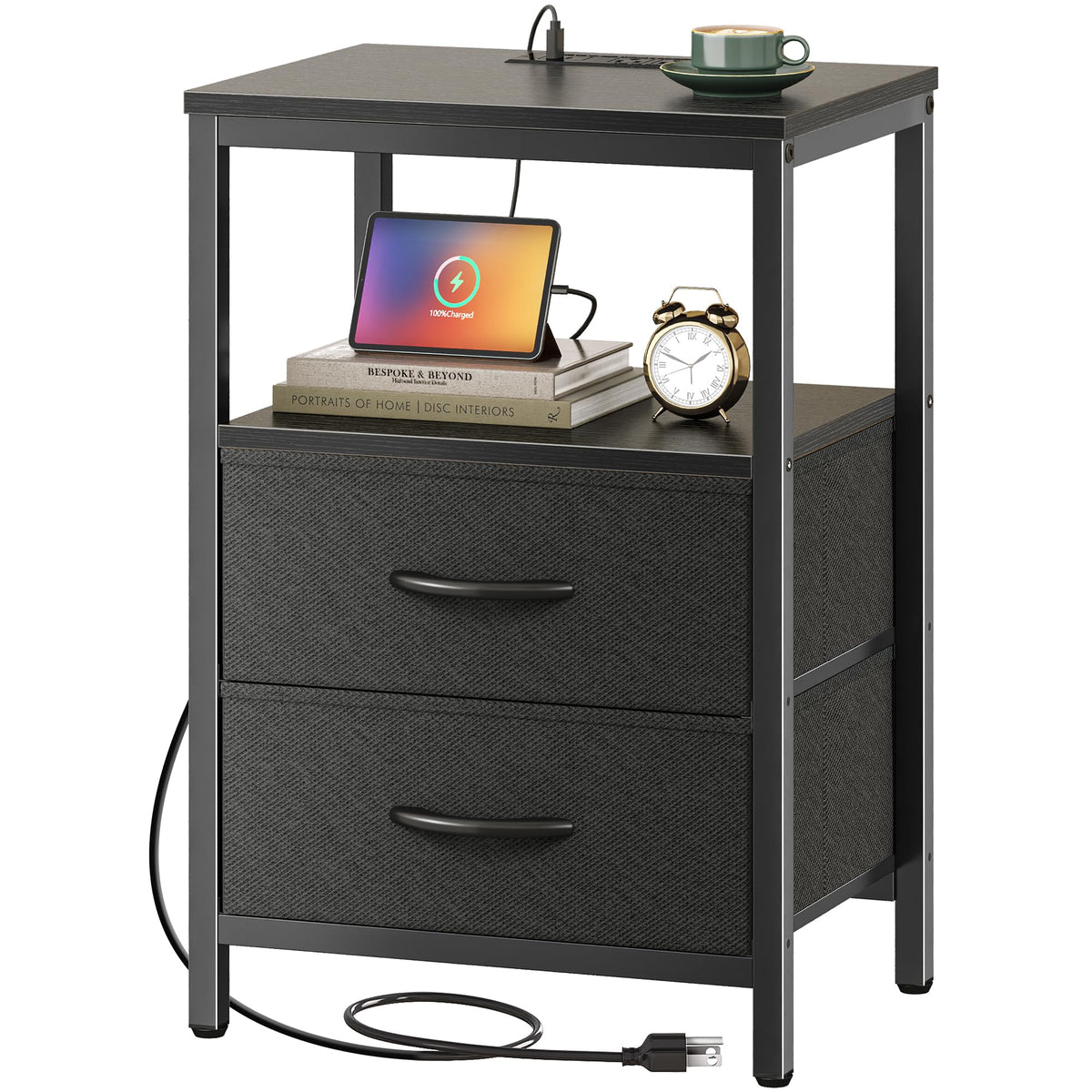 Huuger nightstand with charging station provides USB-C and outlets for easy bedside charging.
