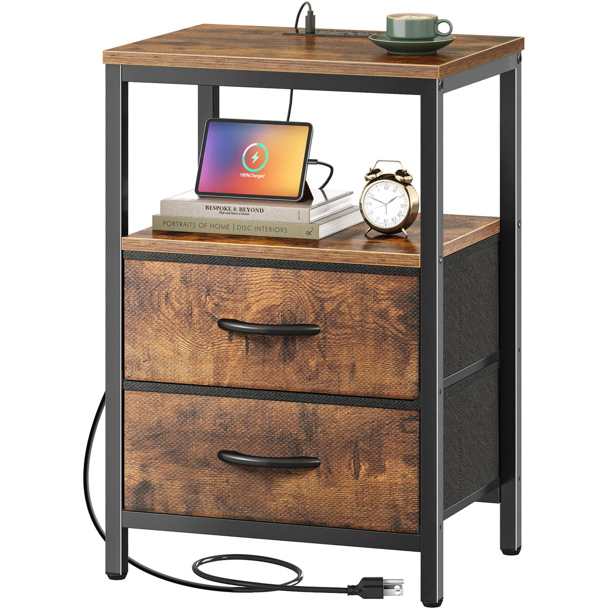 Huuger nightstand with charging station and fabric drawers for convenient nightly charging.