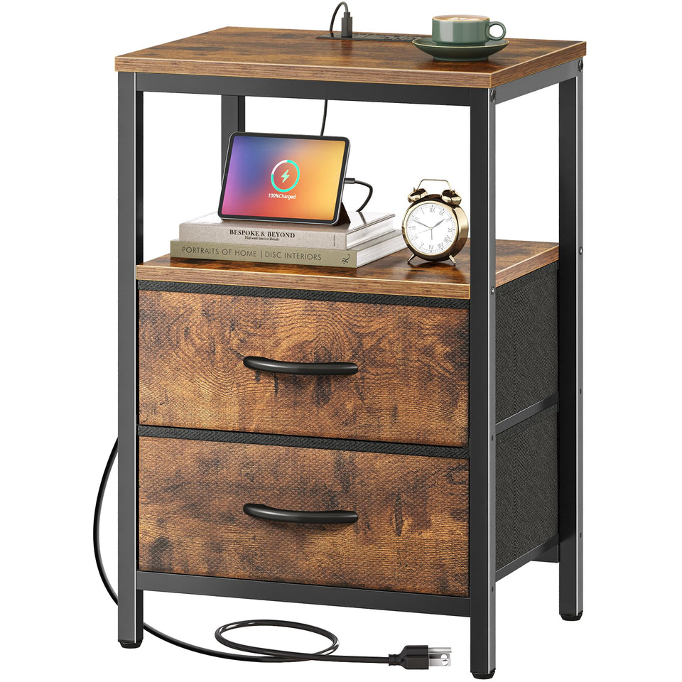 Huuger nightstand with charging station and fabric drawers for convenient nightly charging.