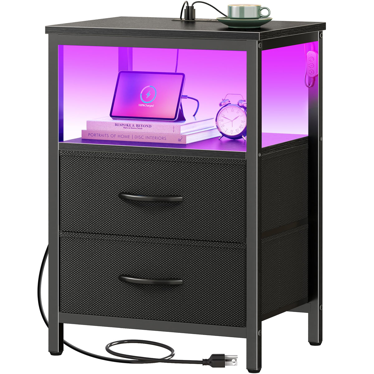 Huuger nightstand with charging station and LED lights for bedside convenience.