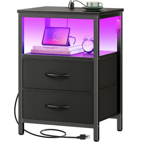 Huuger nightstand with charging station and LED lights for bedside convenience.