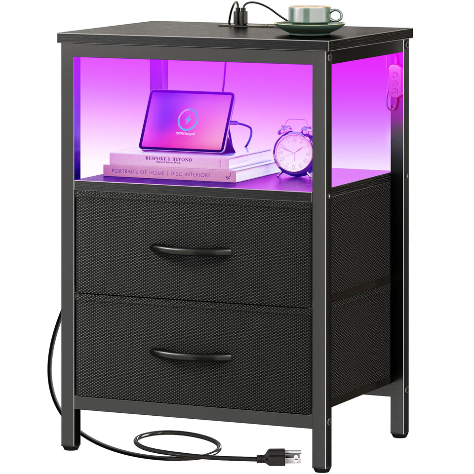 Huuger nightstand with charging station and LED lights for bedside convenience.