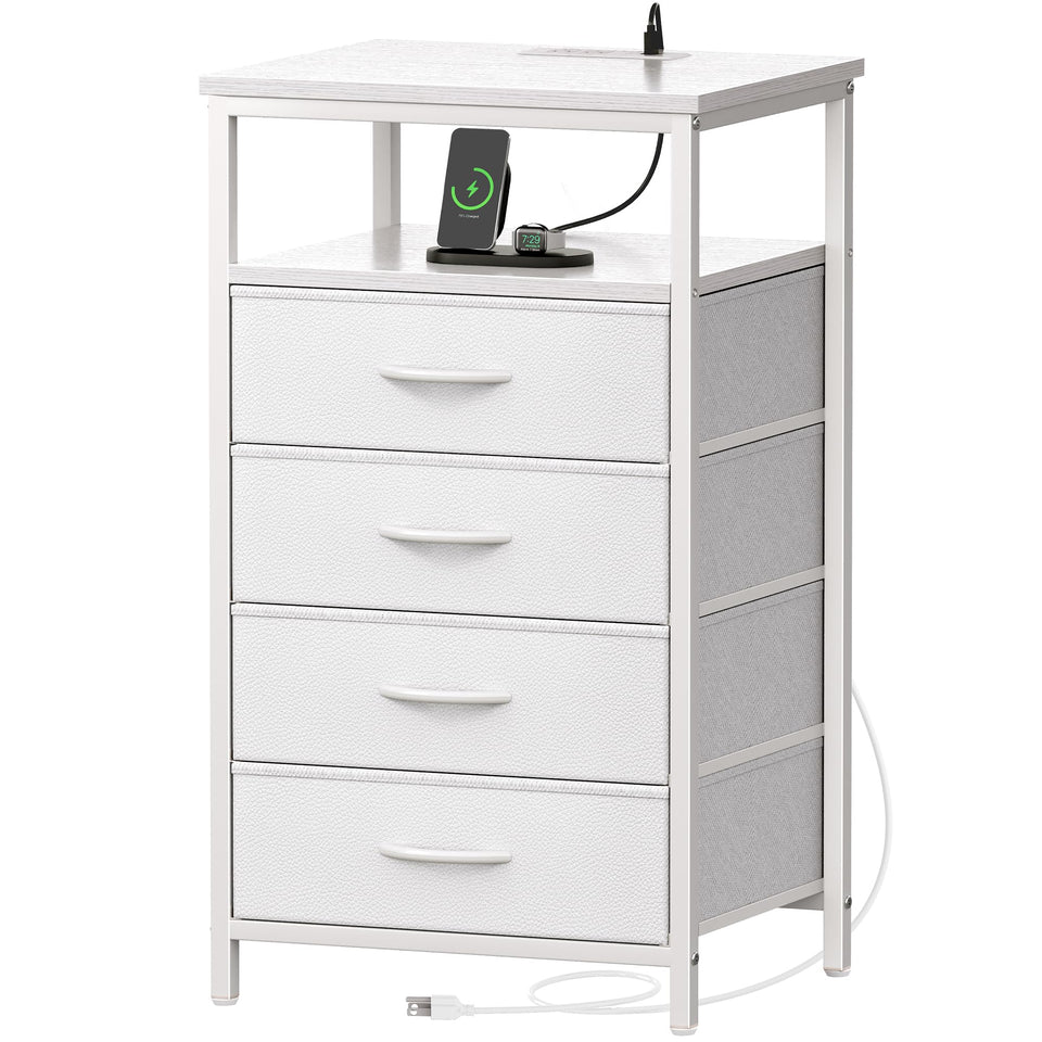 Huuger nightstand with charging station in white, convenient device charging.