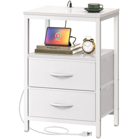 Huuger nightstand with charging station beside bed showing outlets and USB-C port for charging