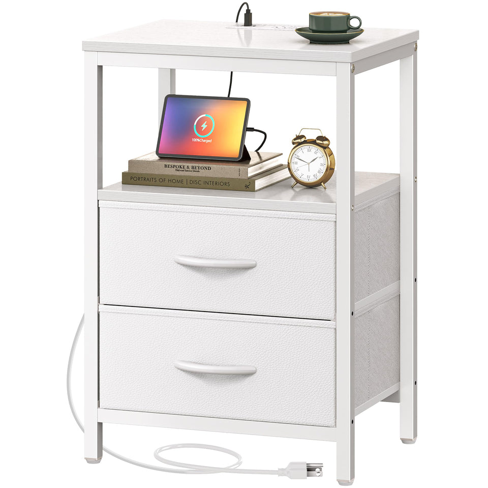 Huuger nightstand with charging station beside bed showing outlets and USB-C port for charging