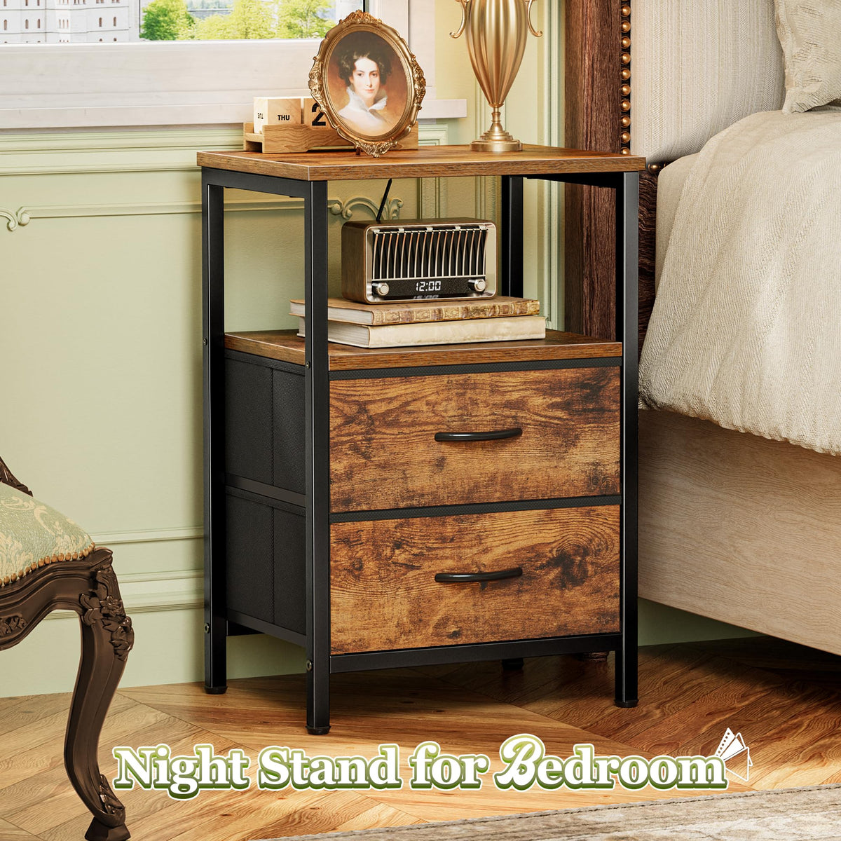Huuger nightstand drawer close-up shows fabric texture and easy-access storage.
