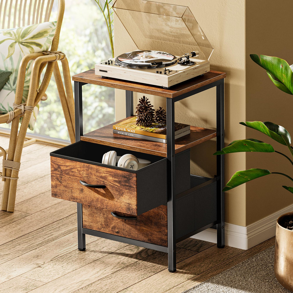 Huuger nightstand version with PU leather drawer surface for refined texture.