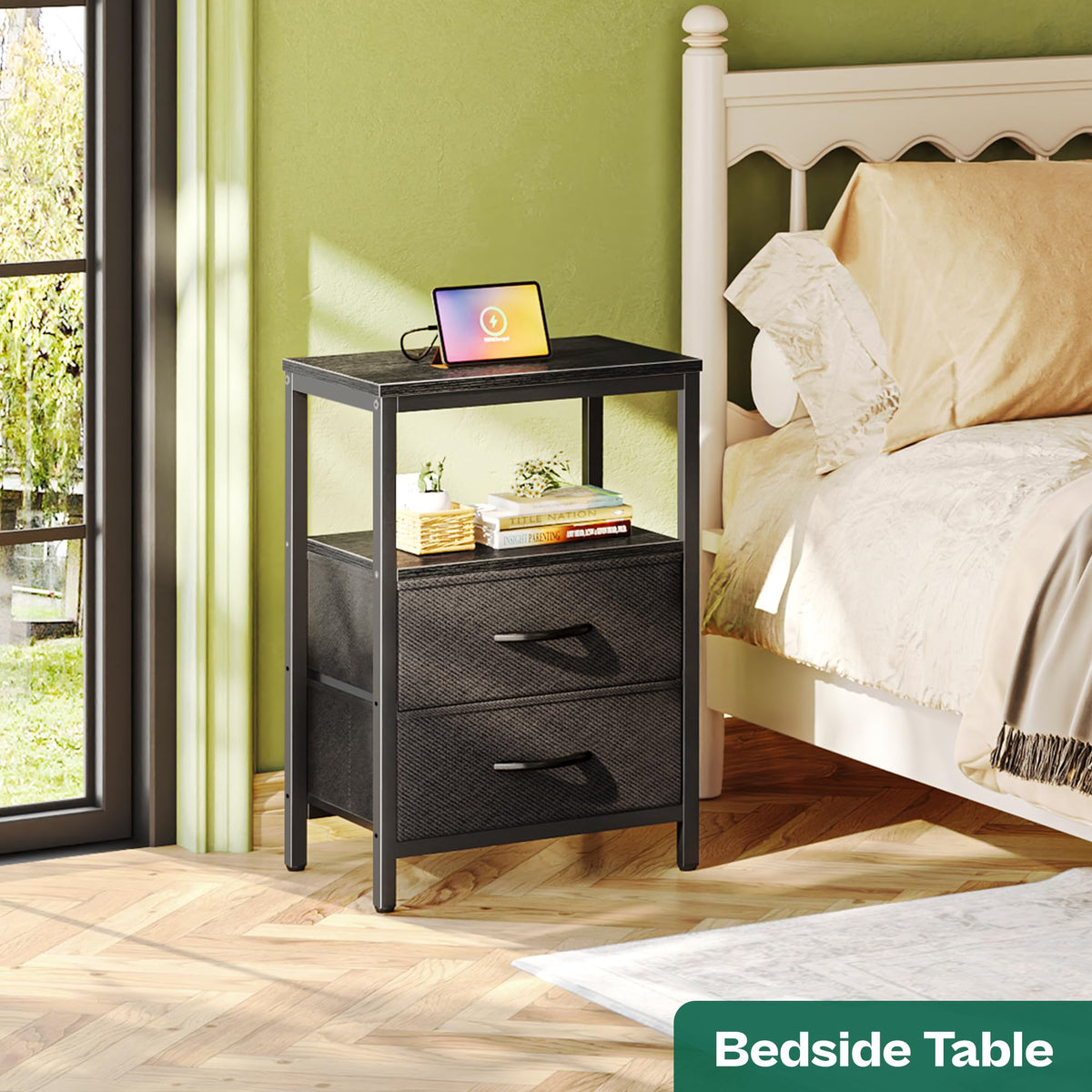 Huuger nightstand with fabric drawers and open shelf for organized bedside storage.