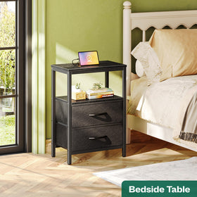 Huuger nightstand with fabric drawers and open shelf for organized bedside storage.