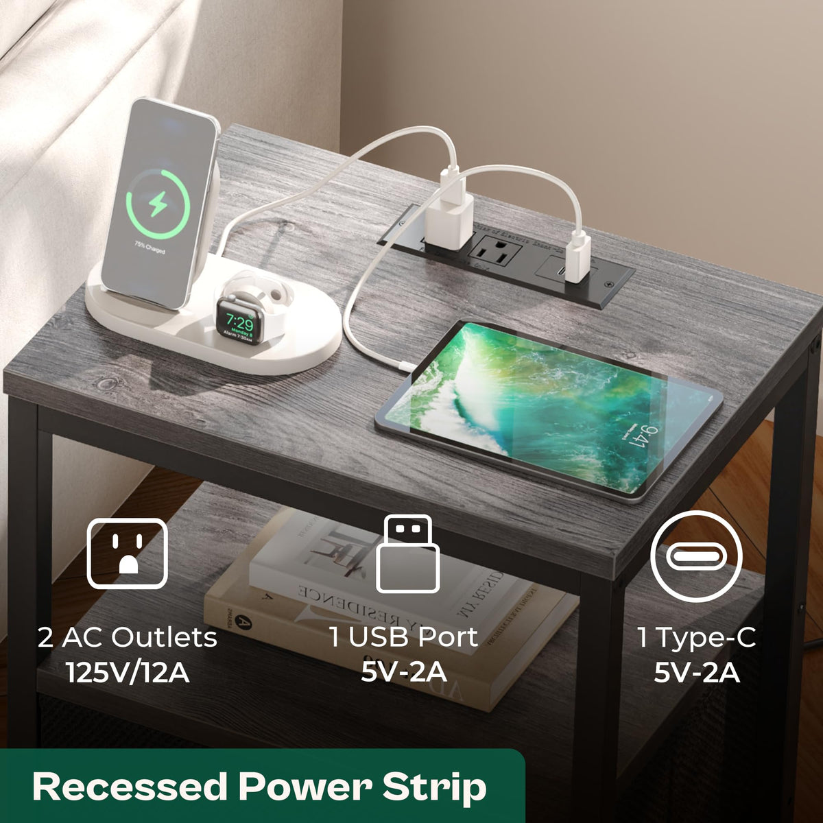 Huuger nightstand open shelf side ideal for books and remotes.
