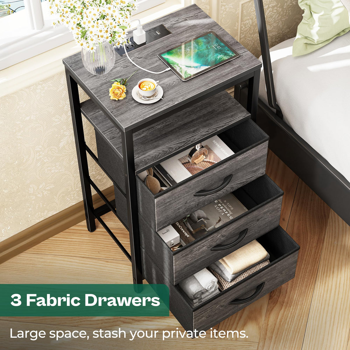 Huuger nightstand open shelf provides extra storage for books and remotes