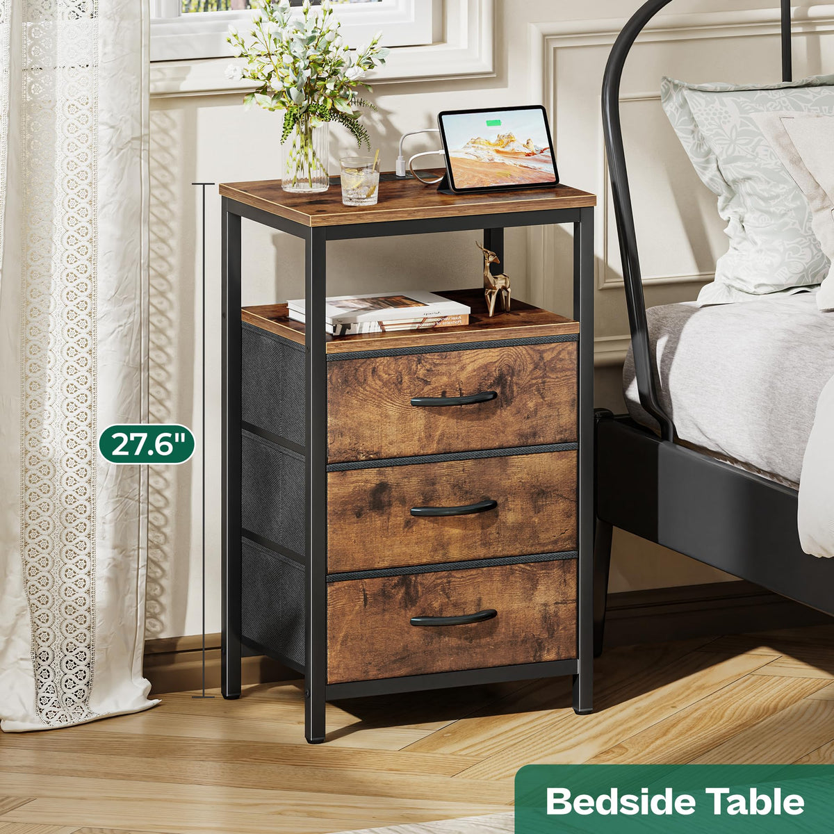 Huuger nightstand open shelf — accessible storage for devices and magazines.