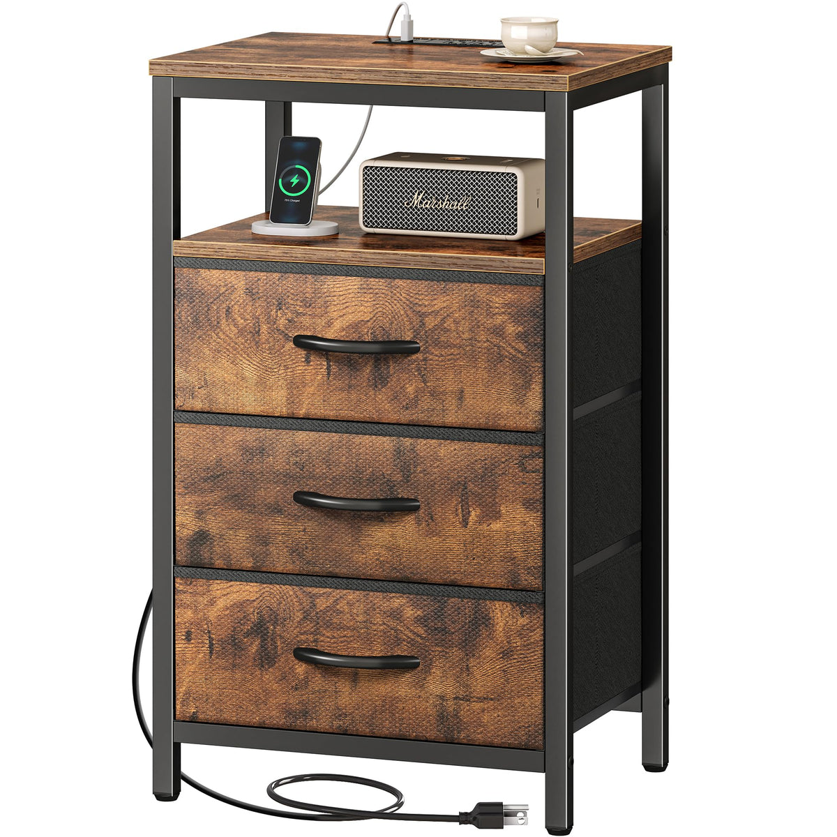 Huuger nightstand with outlets and drawer — convenient bedside charging for devices.