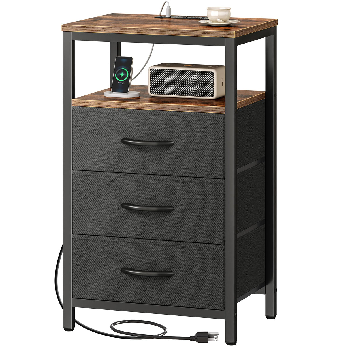 Huuger nightstand with outlets and USB ports for convenient bedside charging and storage.