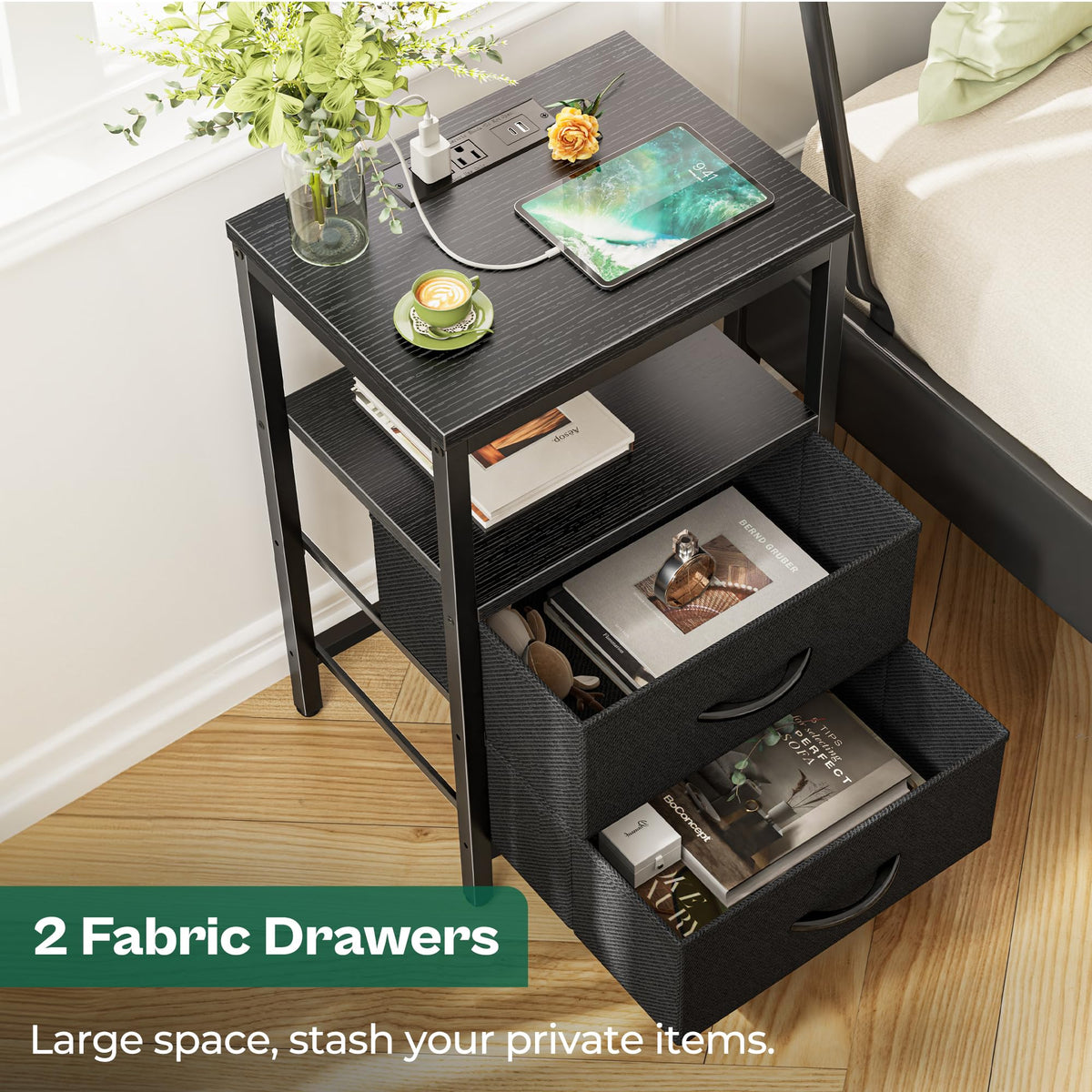 Huuger nightstand in a sleek black finish enhances modern bedrooms.