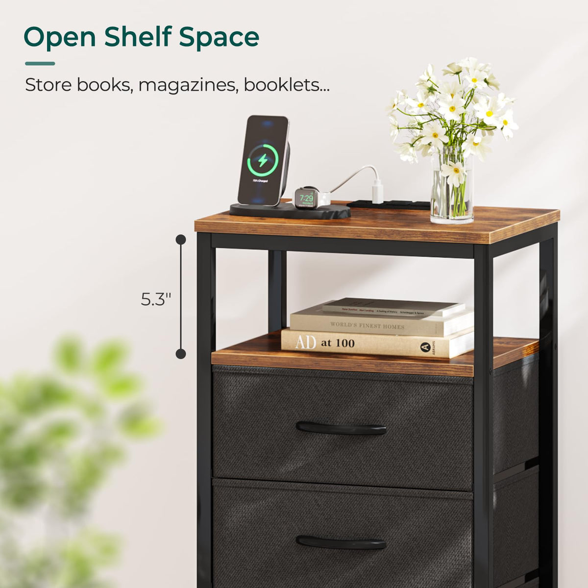 Huuger nightstand solid steel frame providing sturdy support.