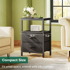 Huuger nightstand built with a solid steel frame and particle board for durability.