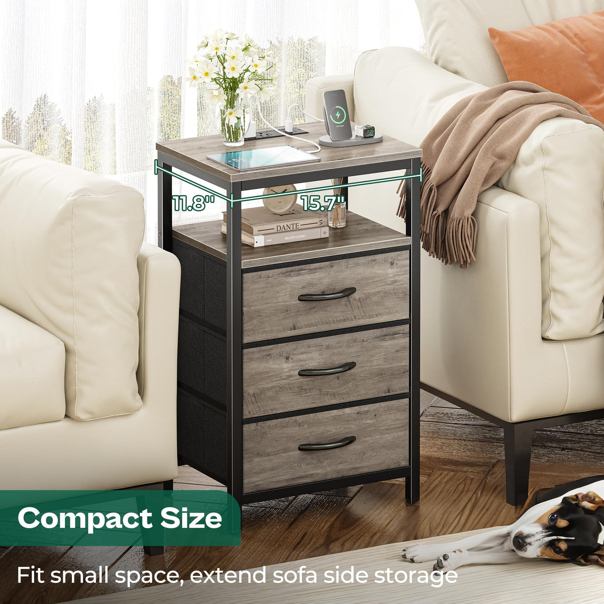 Huuger nightstand steel frame and P2 board deliver sturdy support.