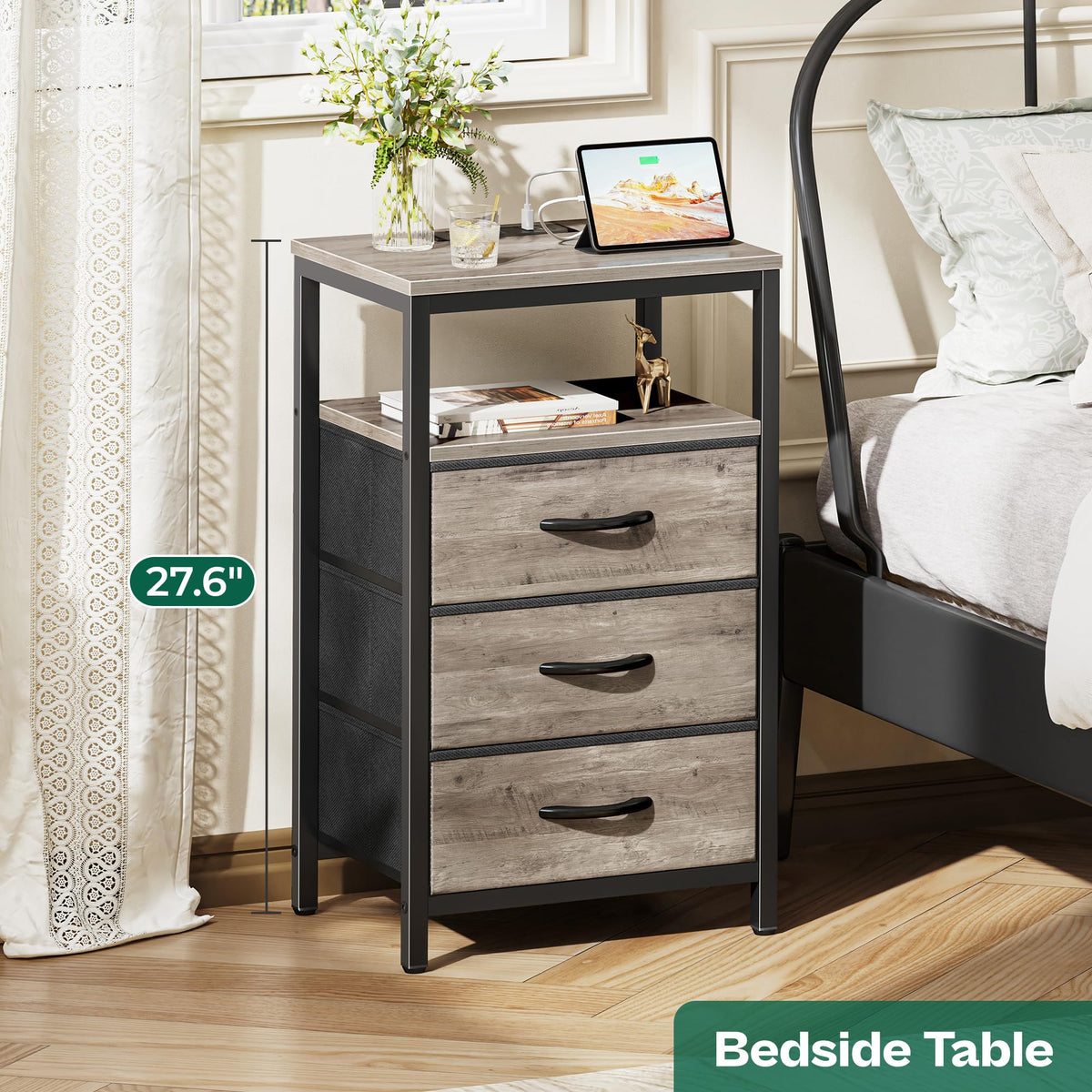 Huuger nightstand at 27.6 inches tall provides easy reach.