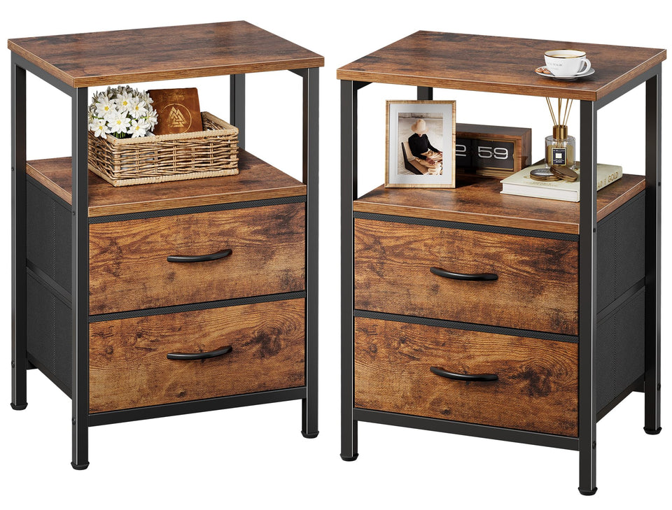 Huuger nightstand with two fabric drawers and open shelf for easy bedside storage.