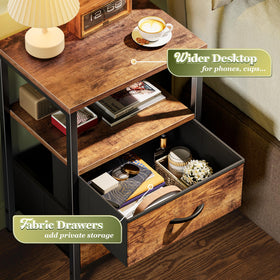 Huuger nightstand with wooden top in rustic brown tones complements warm decor.
