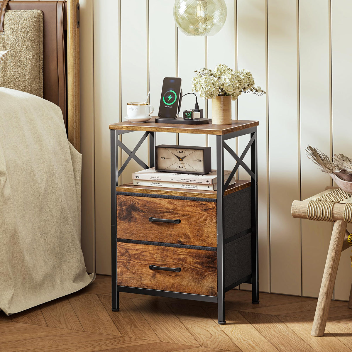 Huuger nightstands showing two fabric drawers for storage.