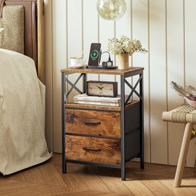 Huuger nightstands showing two fabric drawers for storage.