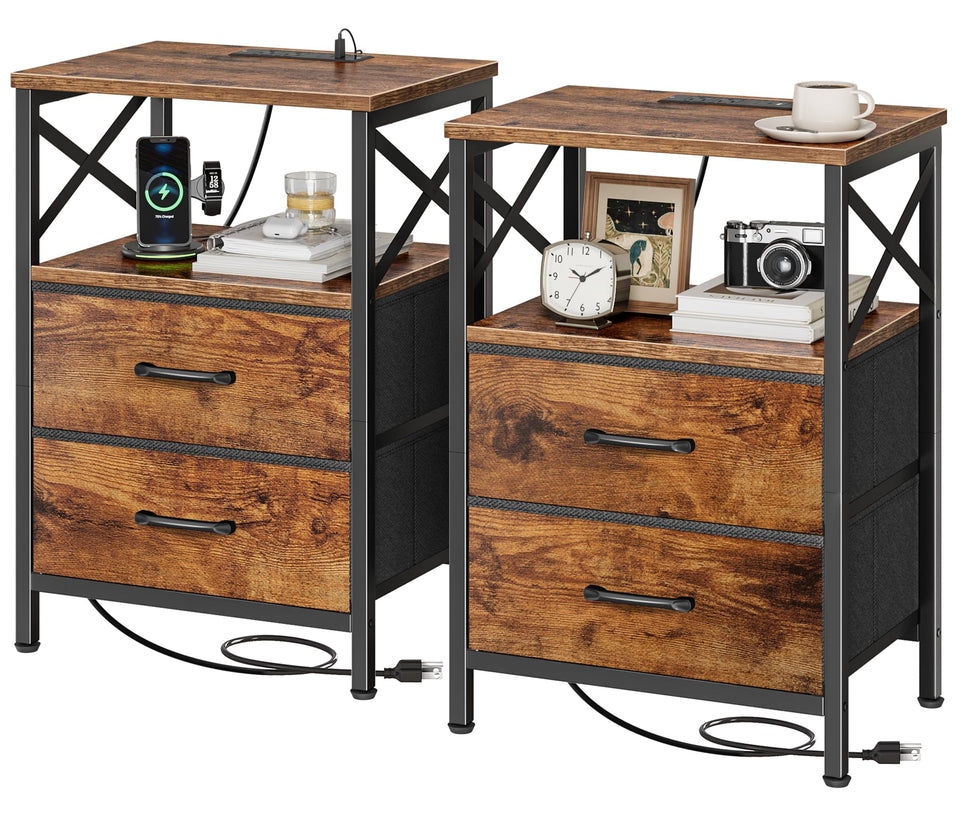 Huuger nightstands with charging station beside the bed.