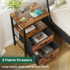 Huuger rustic brown nightstand blends with wood tones in a bedroom.