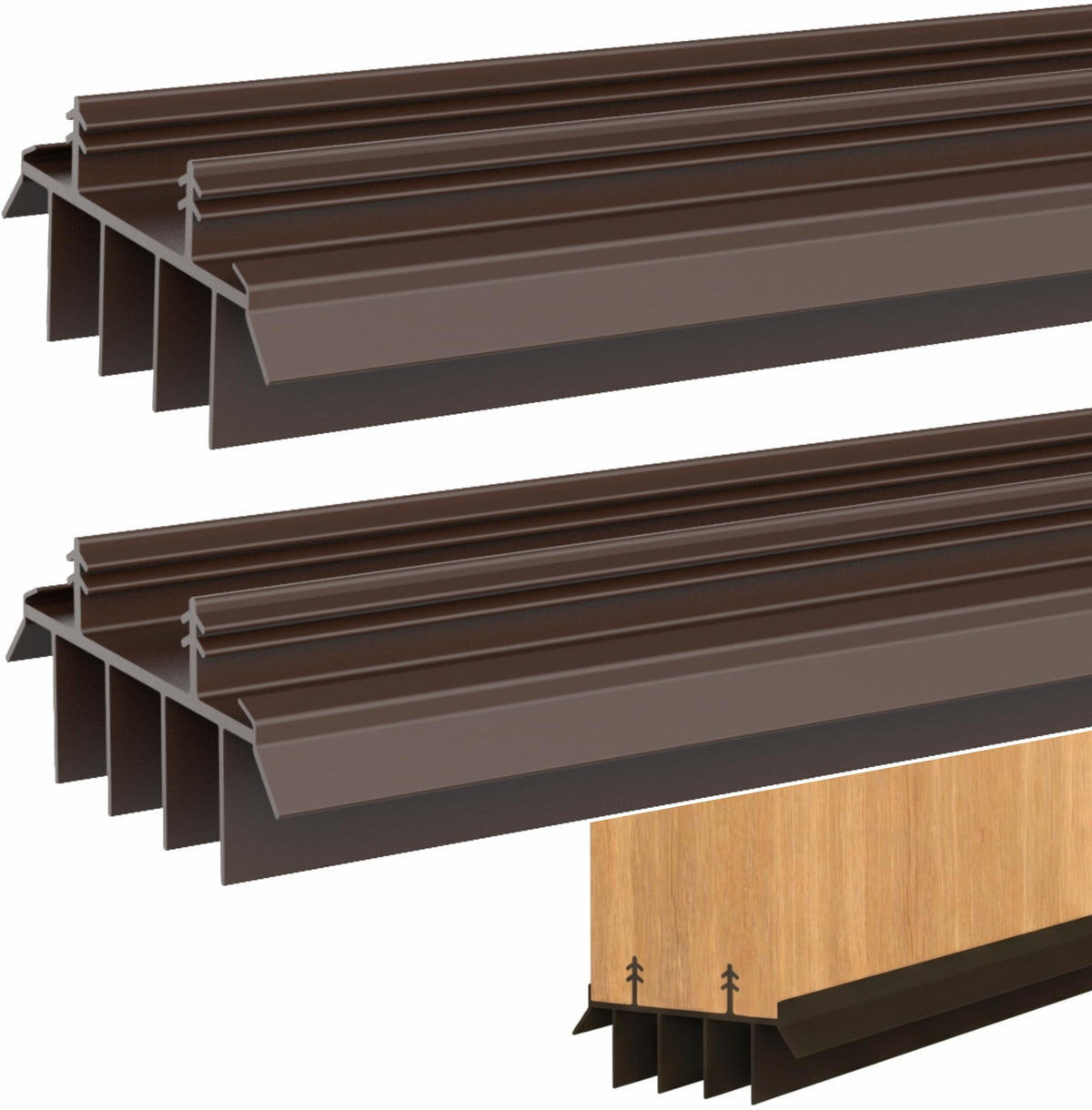 HUVOTOSI US brown 36-inch door sweep with vinyl fins installed in kerf track for weather sealing.