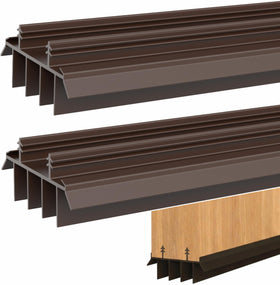 HUVOTOSI US brown 36-inch door sweep with vinyl fins installed in kerf track for weather sealing.