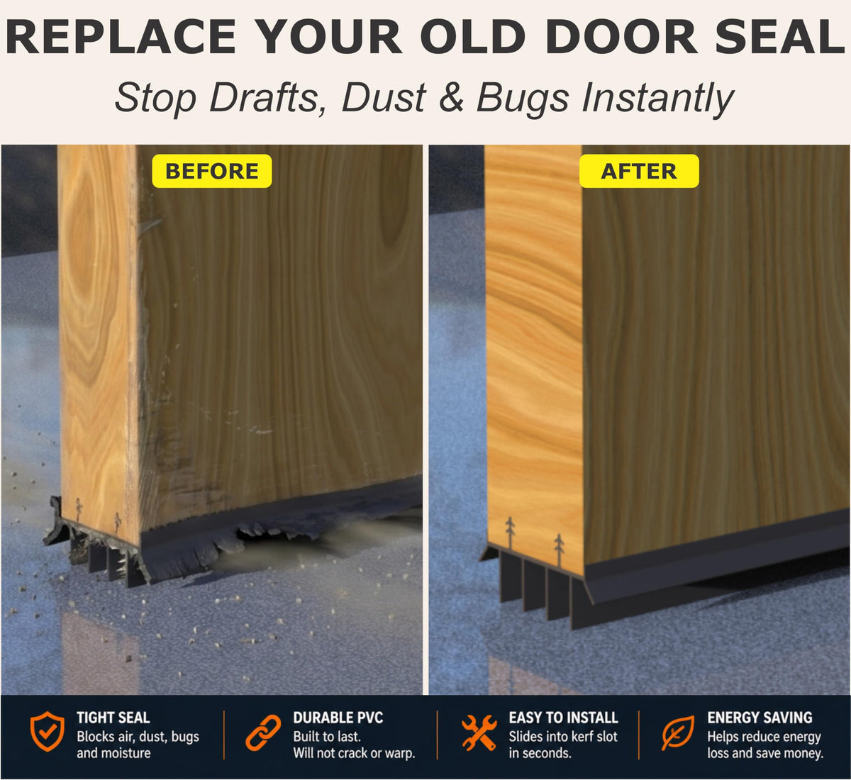 Close-up of brown bottom seal blocking drafts and dust under exterior door.