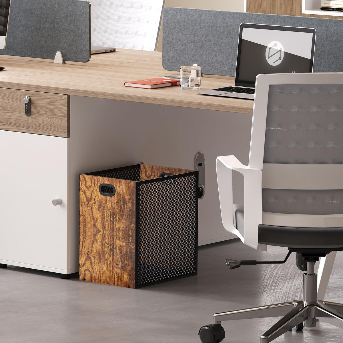 Huxitocan bedroom trash bin in industrial style complements modern décor.