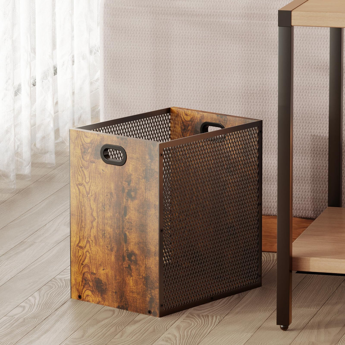 Huxitocan retro office trash can in iron and wood, space-saving rectangular design for desks.