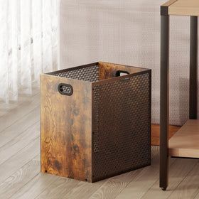 Huxitocan retro office trash can in iron and wood, space-saving rectangular design for desks.