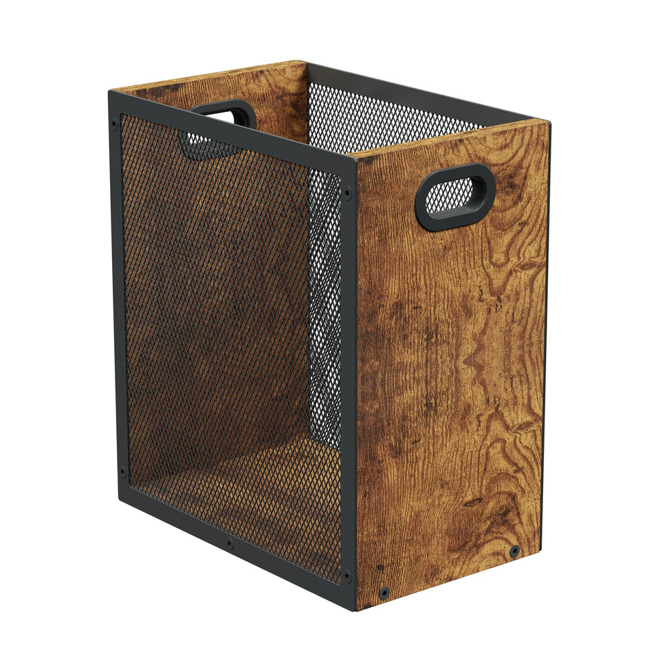 Huxitocan retro-wood-panel trash can blends style with space-saving design.