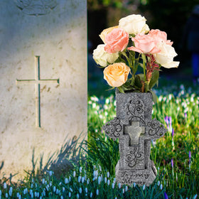 HUYIENO cross vase with artificial flowers on headstone.