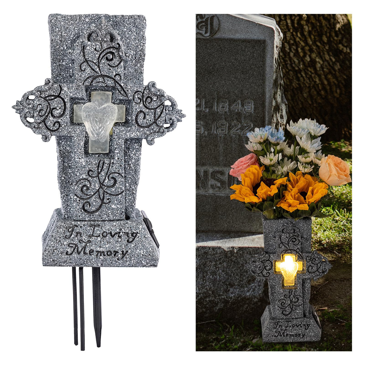 HUYIENO solar cemetery vase with LED lights for dusk graves.