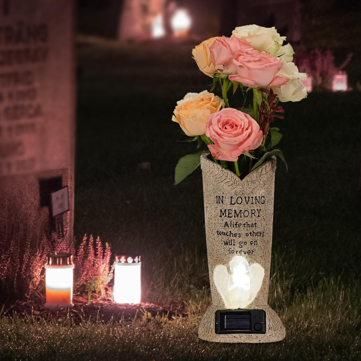 HUYIENO solar memorial vase with angel statue, grave spike, for lasting gravesite decoration