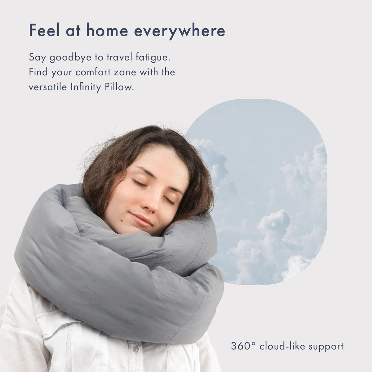 Huzi Infinity Pillow features adjustable neck support for travel and home comfort.