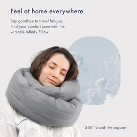 Huzi Infinity Pillow features adjustable neck support for travel and home comfort.