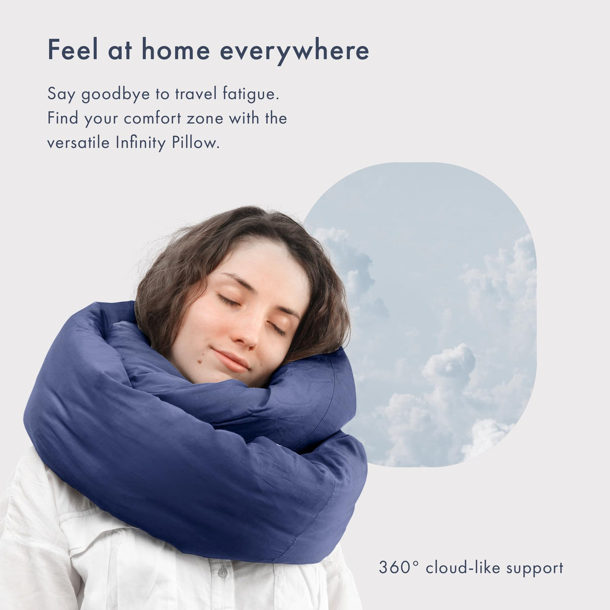 Huzi Infinity Pillow Navy in adjustable setup for travel and home use
