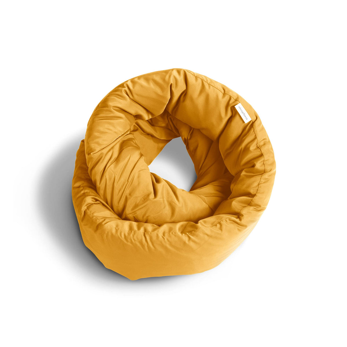Huzi Infinity Pillow travel neck pillow in ochre yellow delivering all-around support during flights.
