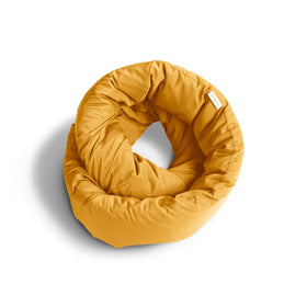 Huzi Infinity Pillow travel neck pillow in ochre yellow delivering all-around support during flights.