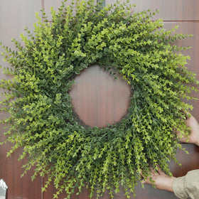 HUZIYAHAN 28-inch boxwood wreath on front door adds year-round greenery.