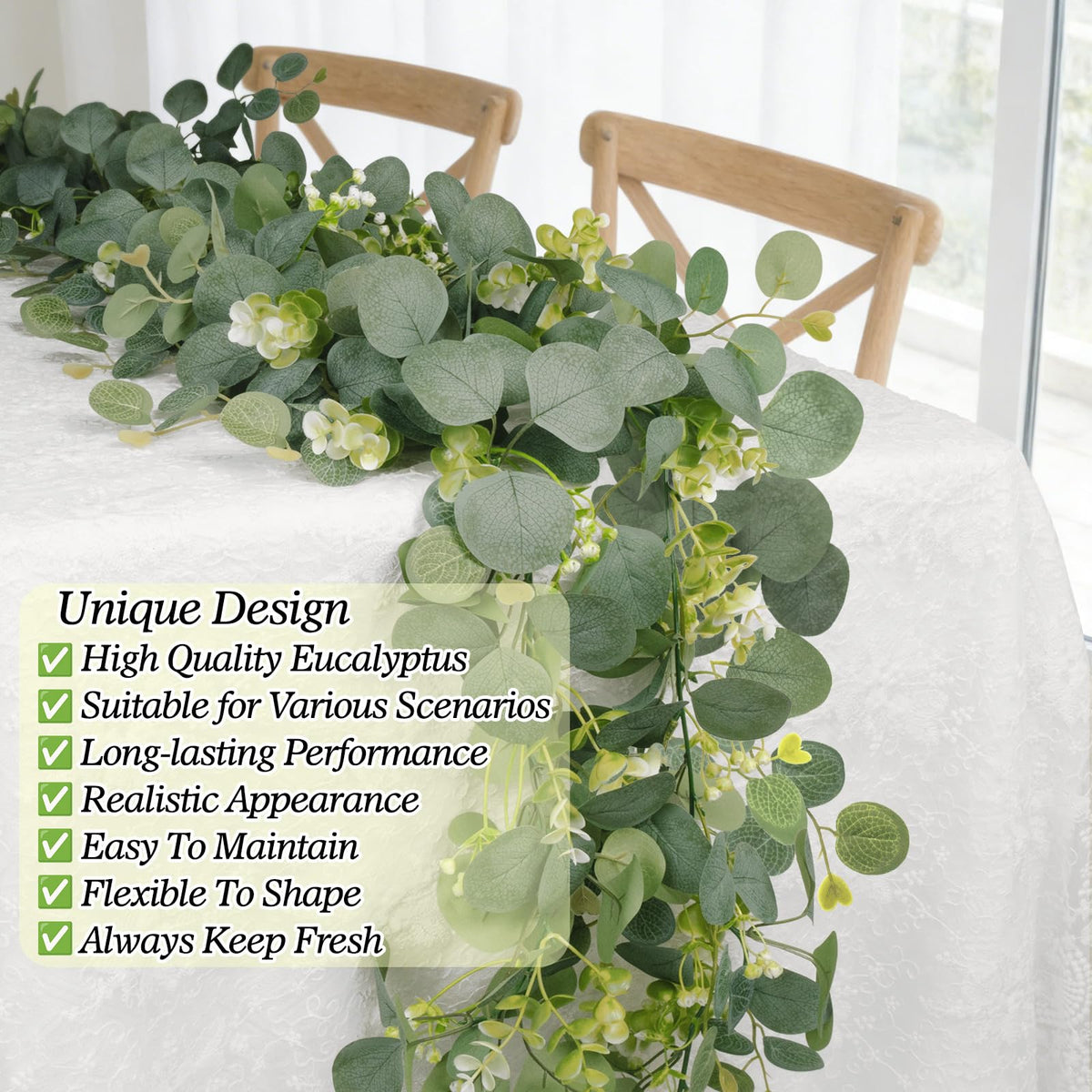 HUZIYAHAN eucalyptus garland hung along stairs for gentle greenery accent