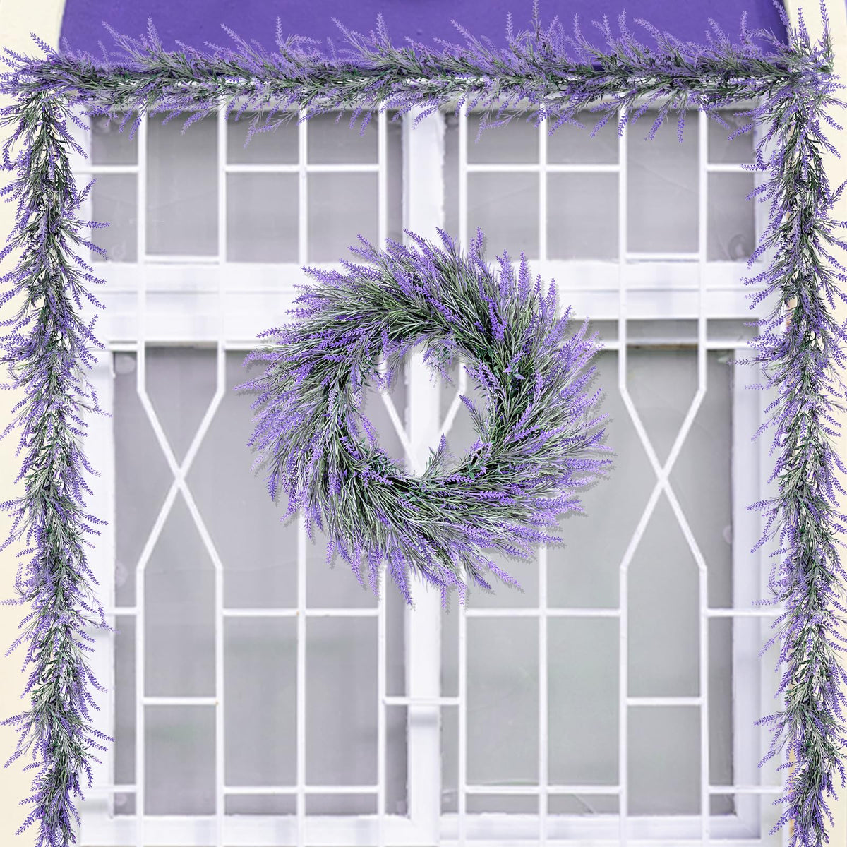 HUZIYAHAN lavender wreath close-up reveals realistic petals and textures.