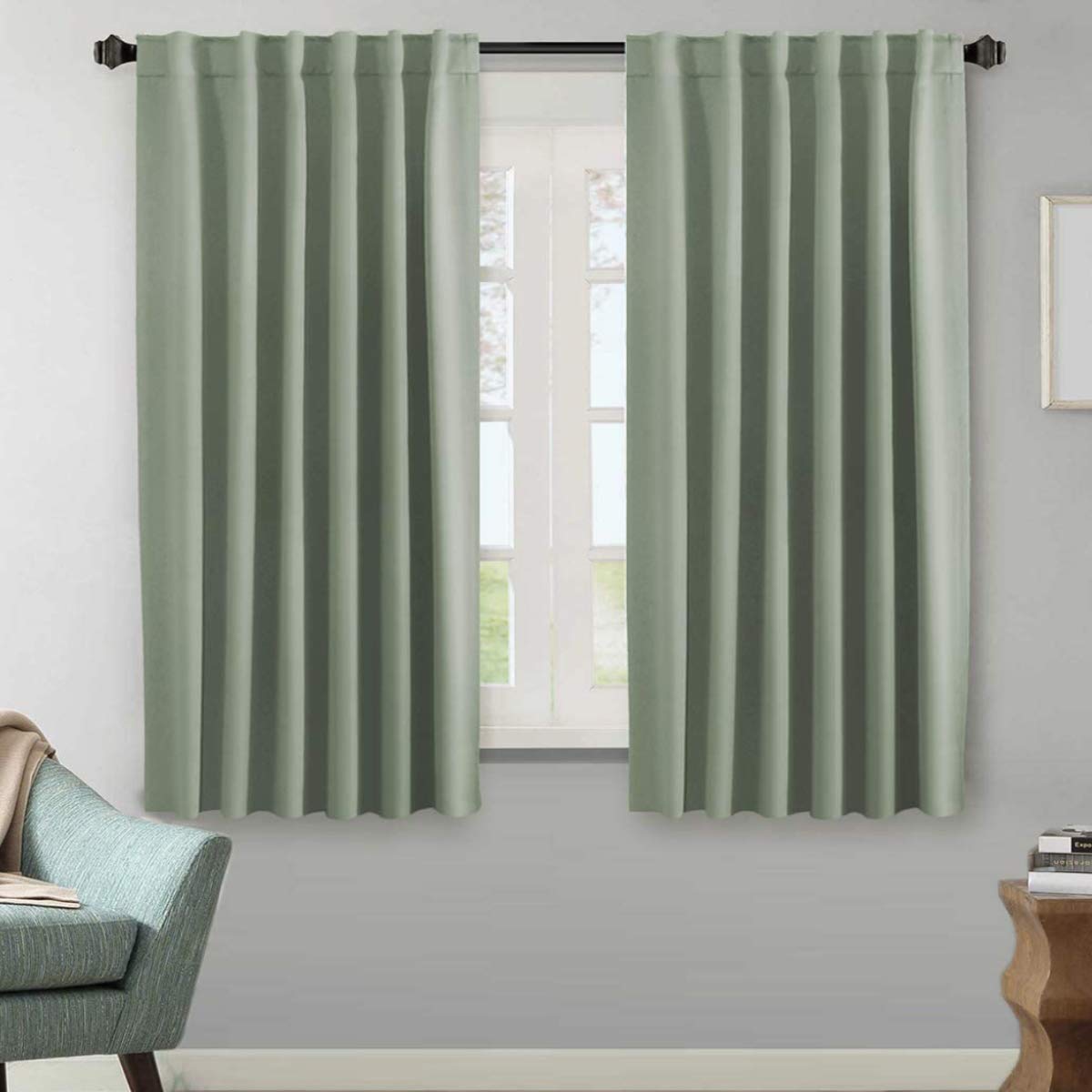 HV-VERSAILTEX blackout curtains in light sage, front view showing color and thermal insulation