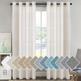 H.VERSAILTEX linen panel with nickel grommets diffuses daylight in a living room.