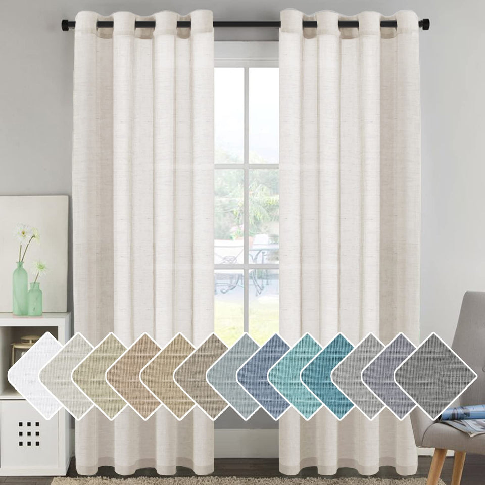 H.VERSAILTEX linen panel with nickel grommets diffuses daylight in a living room.